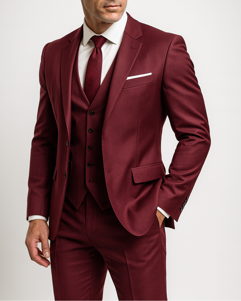 Men's Three-Piece Slim Fit Suit with Waistcoat and Notch Lapel