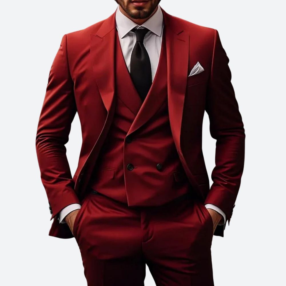 Men's Three-Piece Suit with Double-Breasted Vest and Peak Lapels