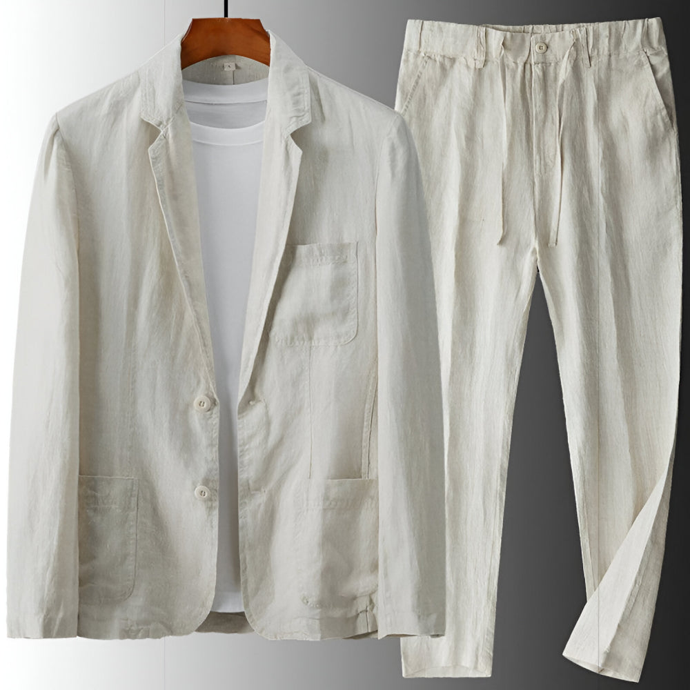 Men's Two-Piece Suit Set with Notch Lapel Blazer and Drawstring Trousers