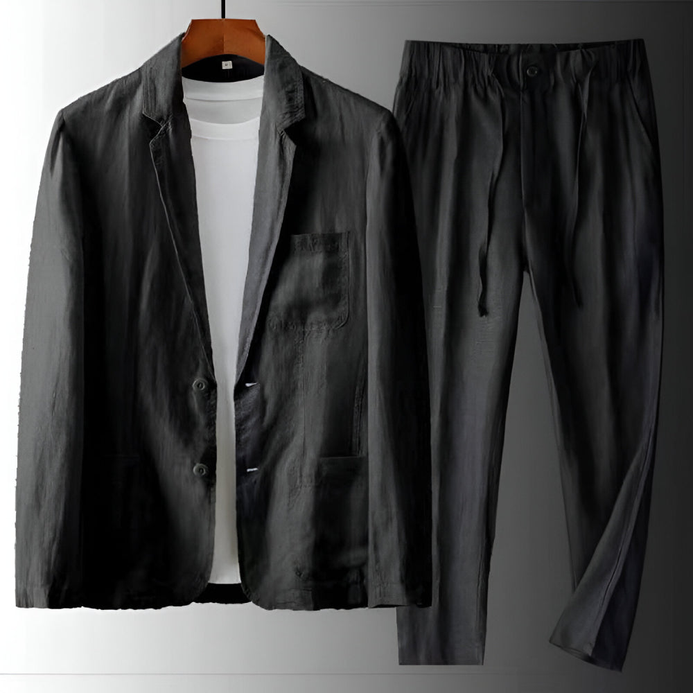 Men's Two-Piece Suit Set with Notch Lapel Blazer and Drawstring Trousers