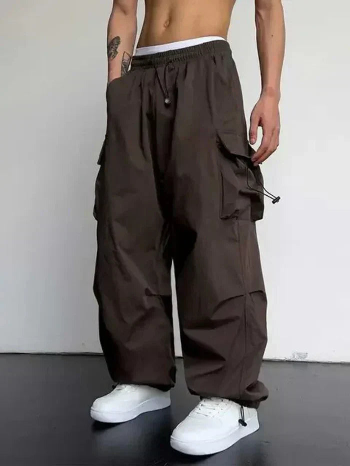 Men's Wide Leg Cargo Pants with Elastic Waist and Adjustable Toggle Cuffs