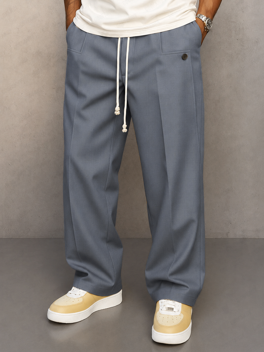 Men's Wide-Leg Trousers with Drawstring Waist and Pleated Front