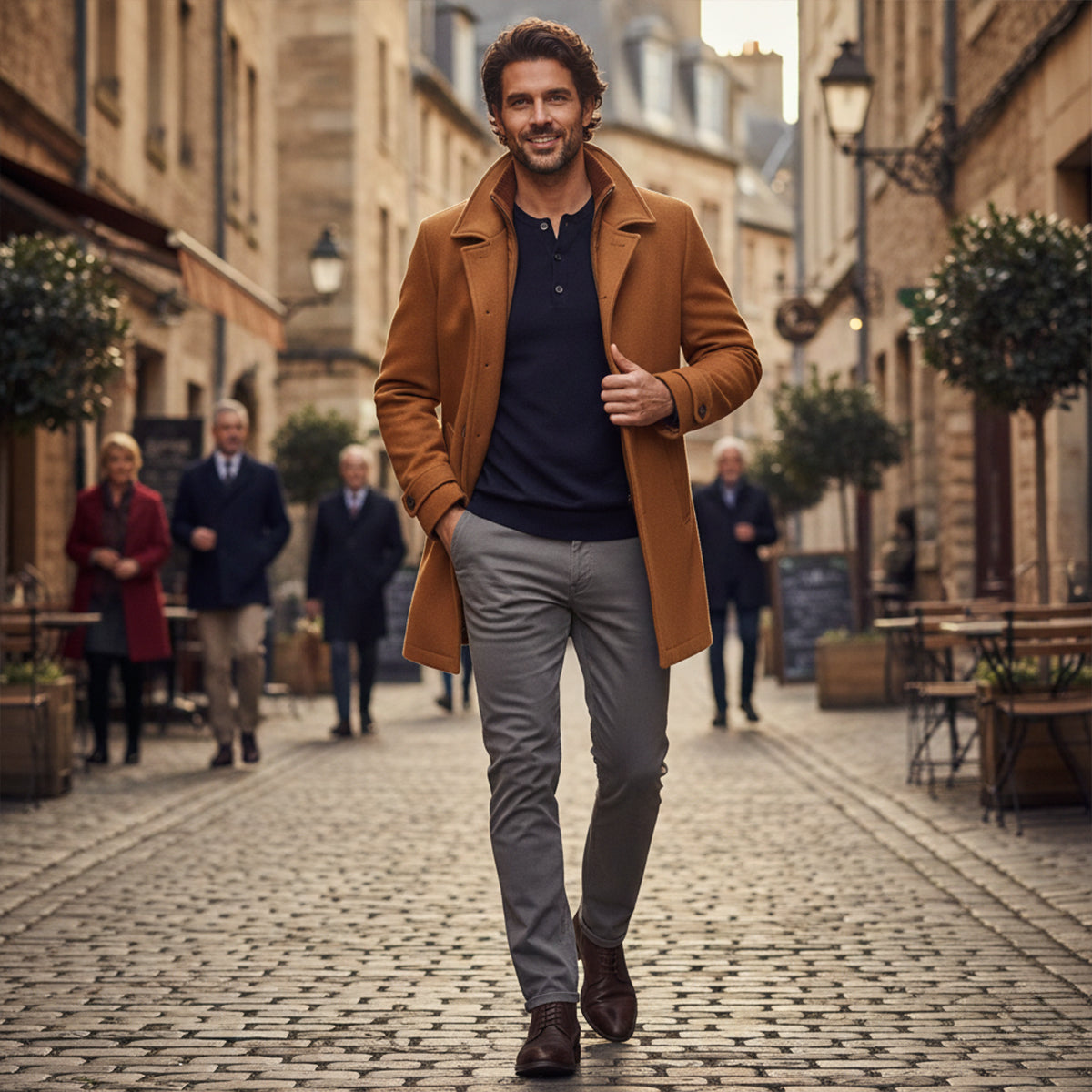 Men's Winter Coat with Layered Collar, Button and Zip Closure
