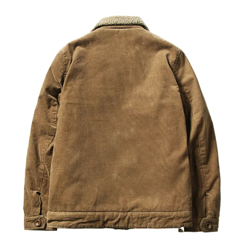 Men's Winter Jacket Corduroy with Sherpa Lining and Button Closure
