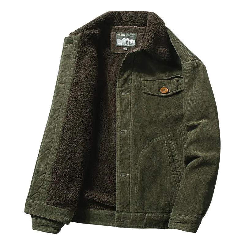 Men's Winter Jacket Corduroy with Sherpa Lining and Button Closure