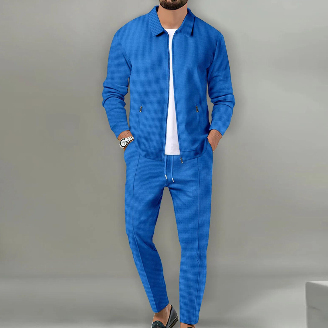 Men's Zip-Up Clothing Set with Collar and Drawstring Trousers