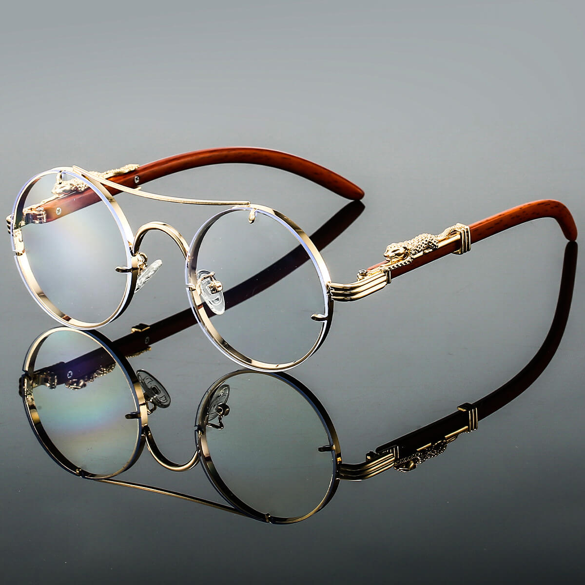 Unisex Round Retro Sunglasses with Double-Beam Frame and Panther Detail
