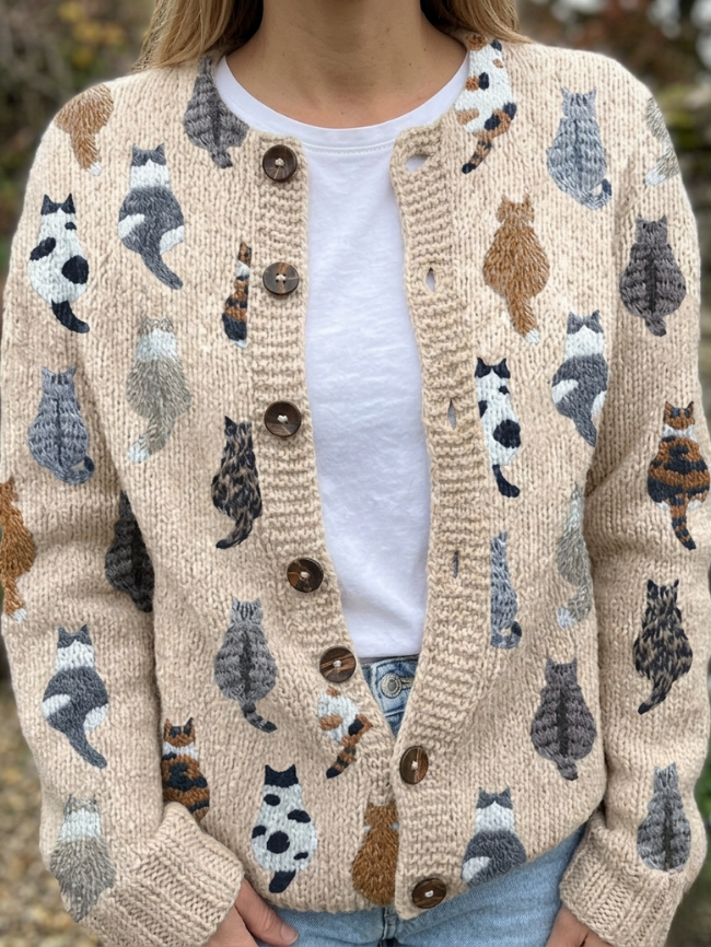 Women's Cat Print Cardigan with Button Closure and Round Neck