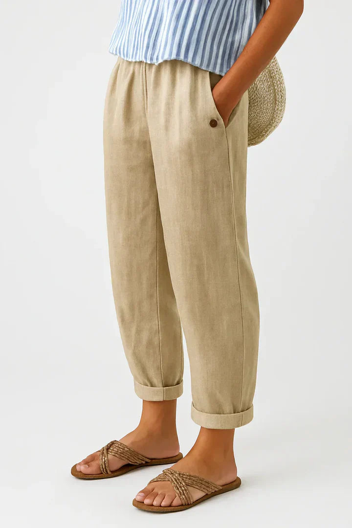 Women's Cropped Barrel-Leg Trousers with Elastic Waist and Cuffed Hem