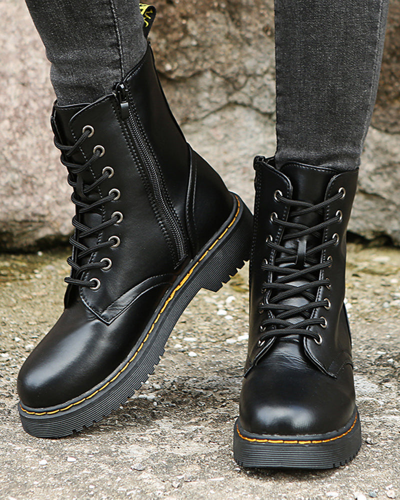 Women's Faux Leather Combat Boots with Lace-Up Front and Side Zip