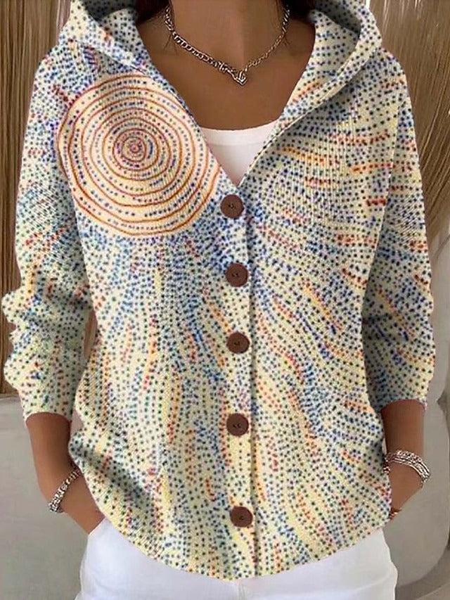 Women's Hooded Cardigan Long Sleeve with Button Closure and Printed Pattern