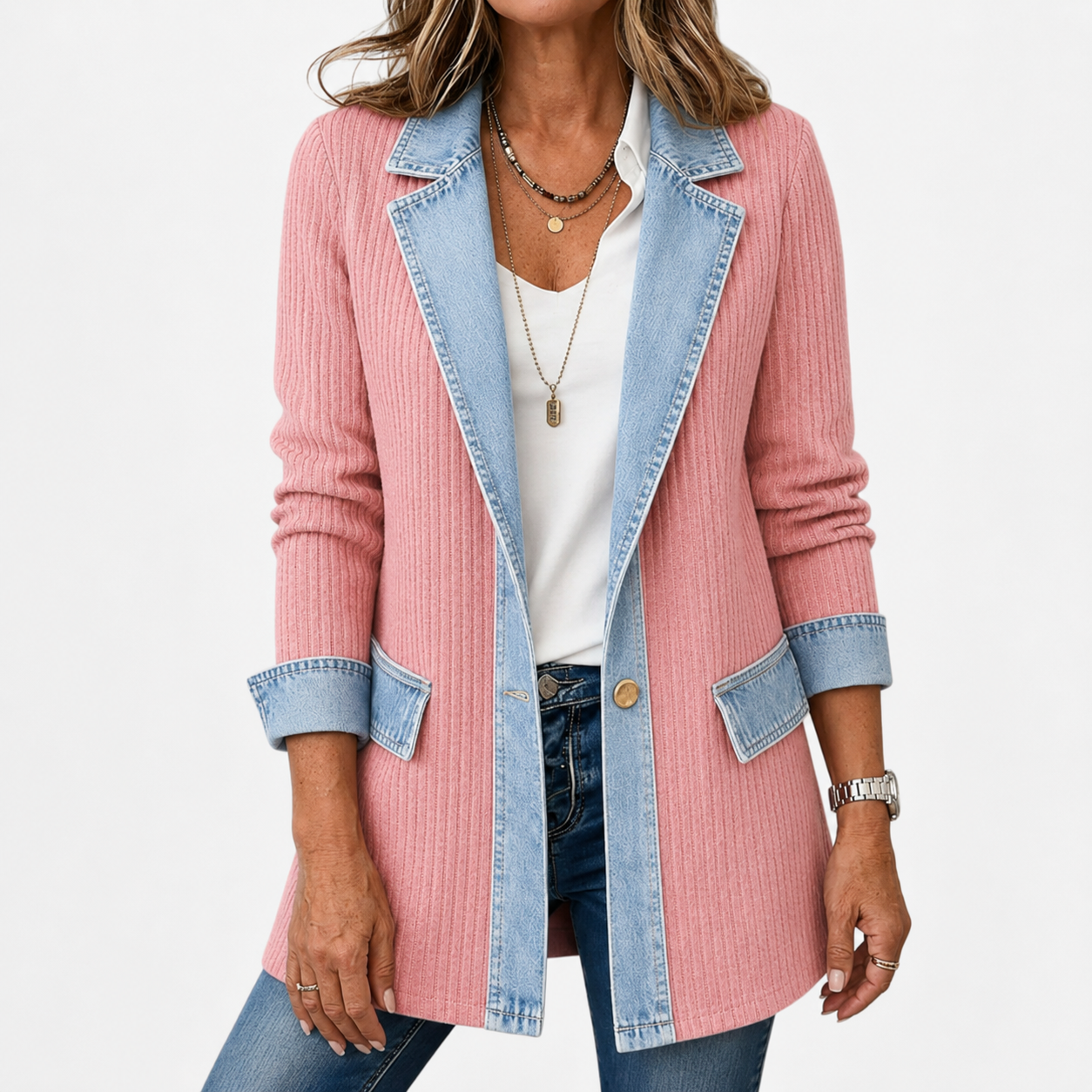 Women's Long-Line Jacket with Denim Collar and Button Front