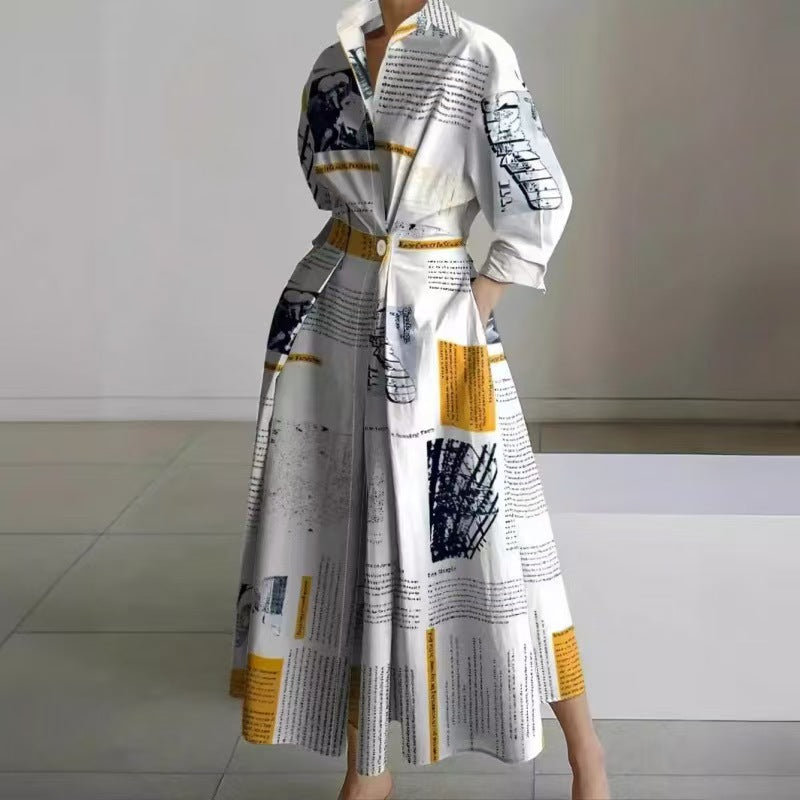 Women's Maxi Shirt Dress with Collared V-Neck and A-Line Skirt