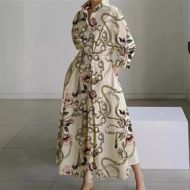 Women's Maxi Shirt Dress with Collared V-Neck and A-Line Skirt