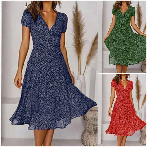 Women's Midi Dress Short Sleeve V-Neck A-Line with Floral Print