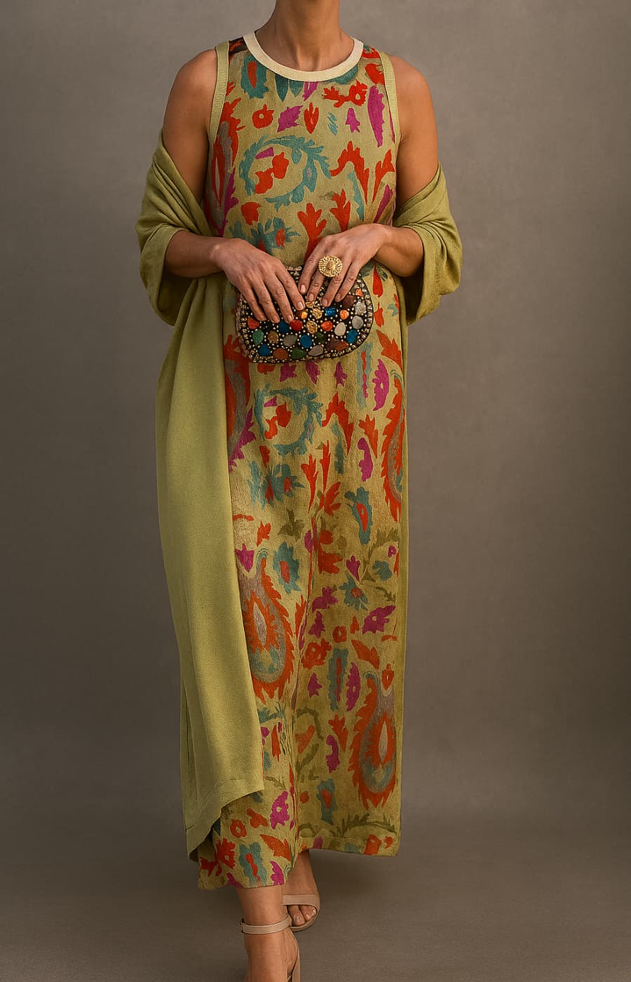 Women's Sleeveless Maxi Dress with Matching Open-Front Coat and Floral Print