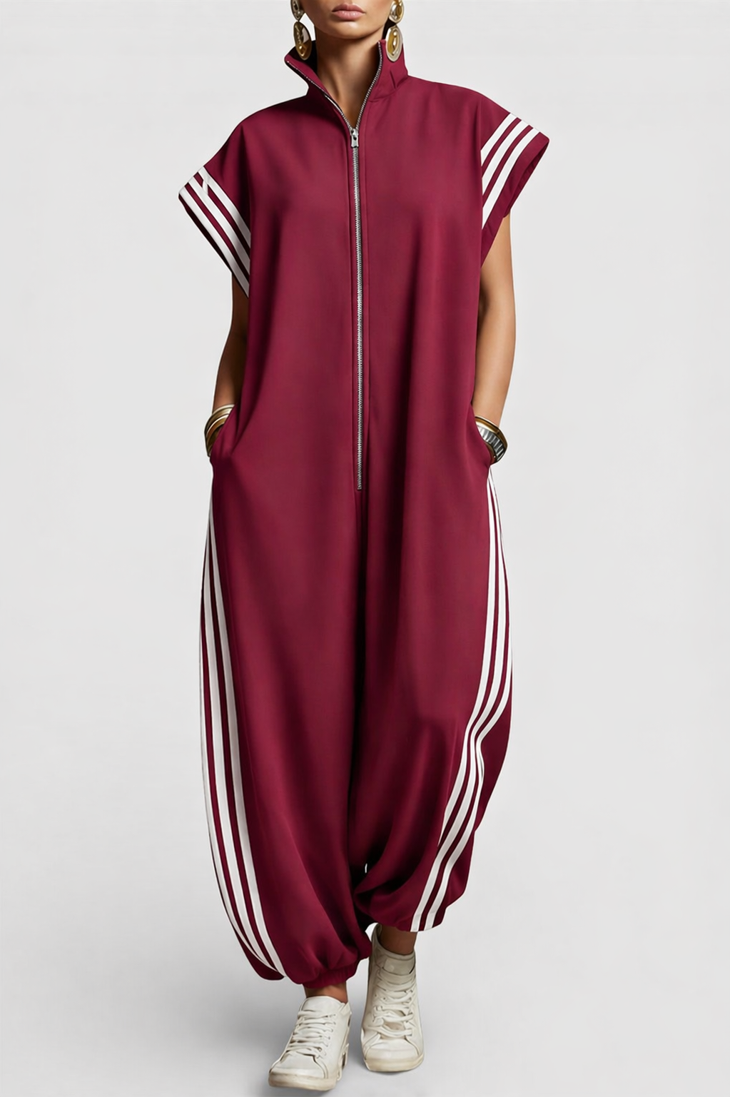 Women's Sleeveless Zip-Up Jumpsuit with Stand Collar and Stripe Detail