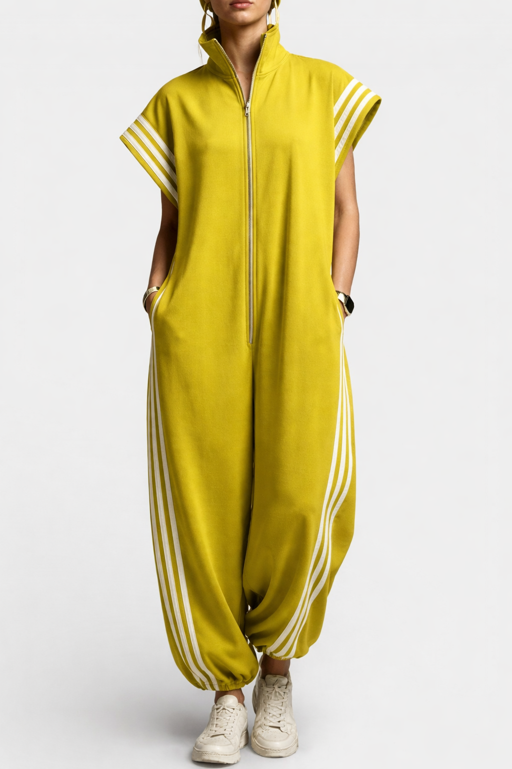 Women's Sleeveless Zip-Up Jumpsuit with Stand Collar and Stripe Detail