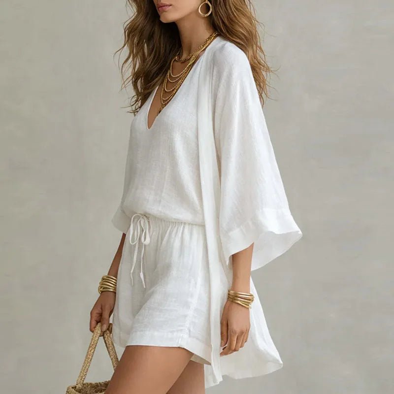 Women's Three-Piece Clothing Set with Kimono Cardigan, V-Neck Top and Drawstring Shorts