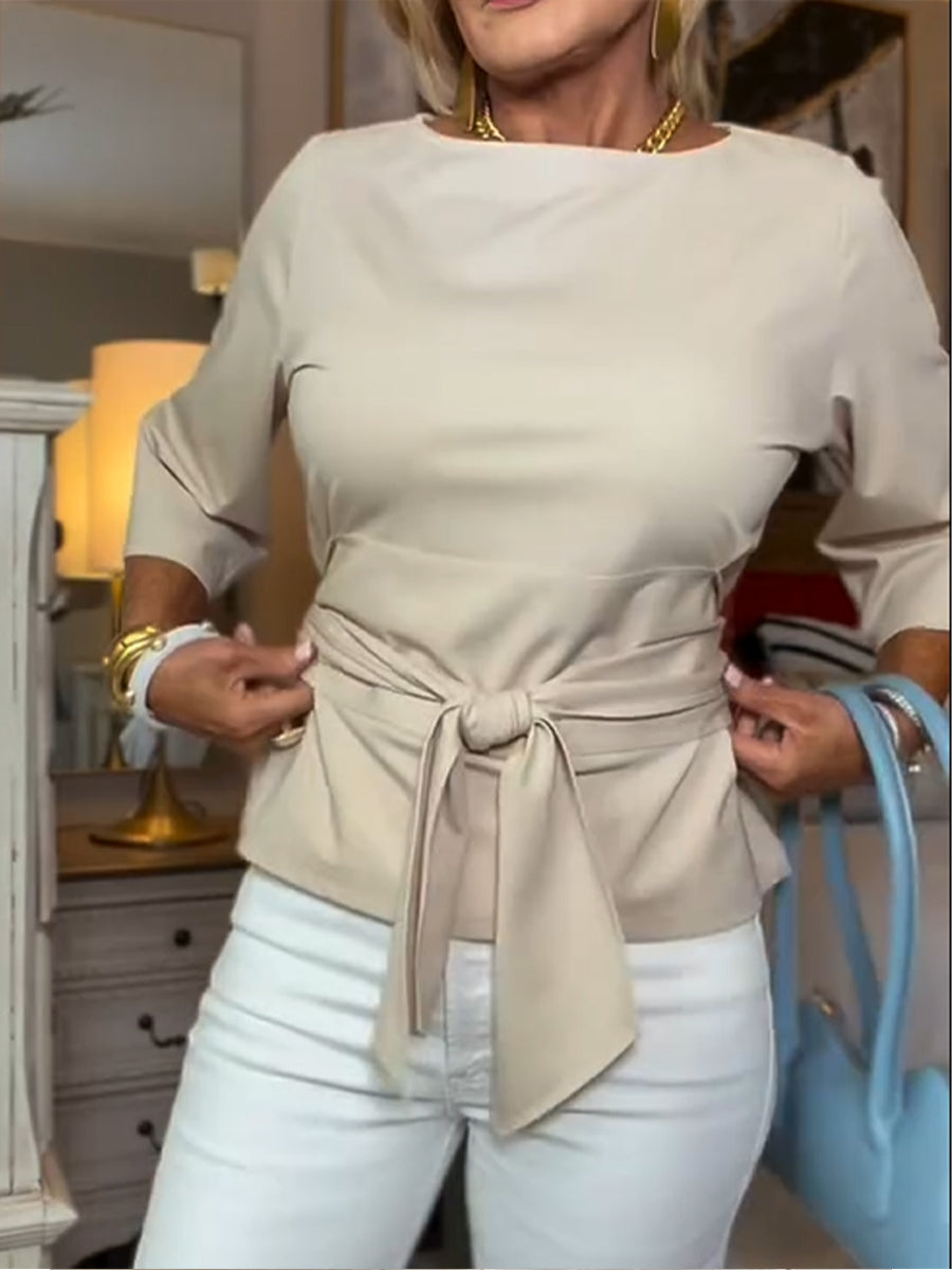 Women's Tie-Front Top with Round Neck and Three-Quarter Sleeves