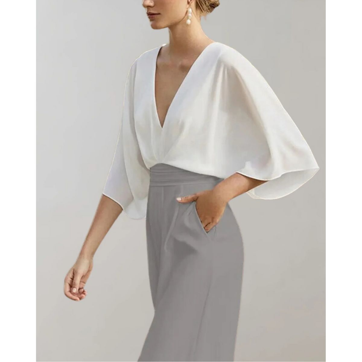 Women's Wide Leg Jumpsuit with V-Neck and Batwing Sleeves