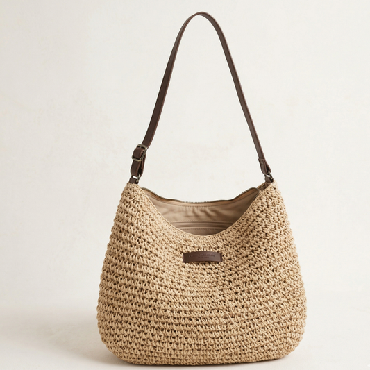 Women's Woven Straw Hobo Shoulder Bag with Adjustable Strap and Zip Closure