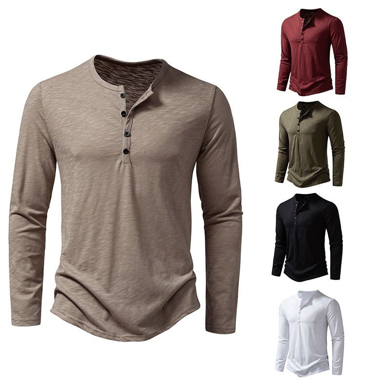 Men's Long Sleeve Henley Shirt with Button Neckline Slim Fit