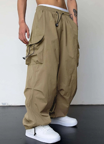Men's Baggy Wide Leg Cargo Pants with Elastic Waist and Cuffed Hem