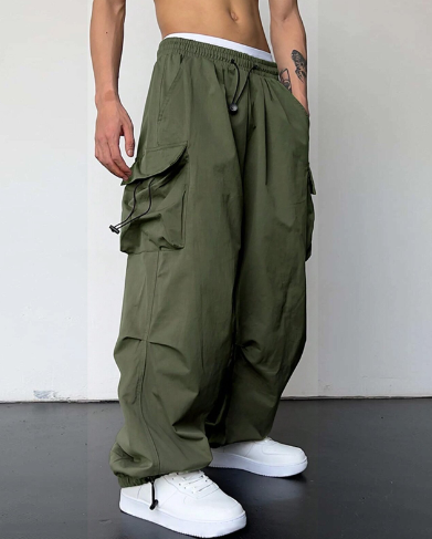 Men's Baggy Wide Leg Cargo Pants with Elastic Waist and Cuffed Hem