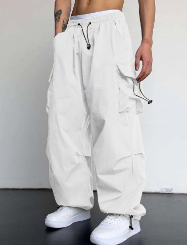 Men's Baggy Wide Leg Cargo Pants with Elastic Waist and Cuffed Hem