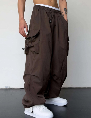 Men's Baggy Wide Leg Cargo Pants with Elastic Waist and Cuffed Hem