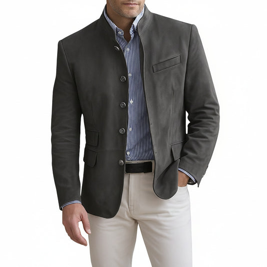 Men's Blazer-Style Cardigan with Stand Collar and Button Closure
