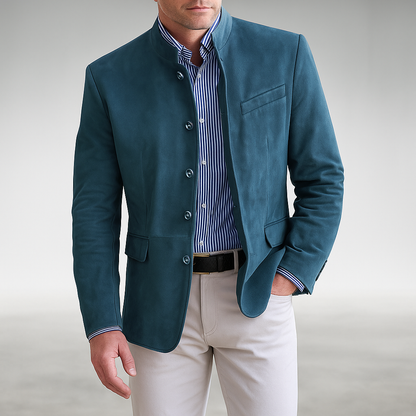 Men's Blazer-Style Cardigan with Stand Collar and Button Closure