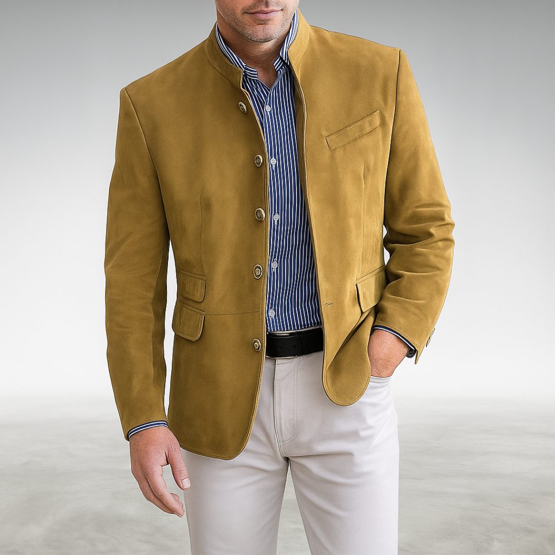Men's Blazer-Style Cardigan with Stand Collar and Button Closure