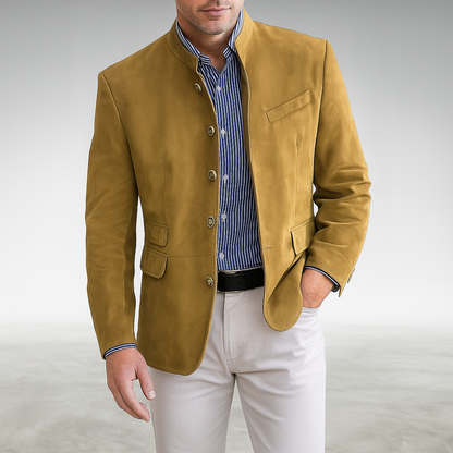 Men's Blazer-Style Cardigan with Stand Collar and Button Closure