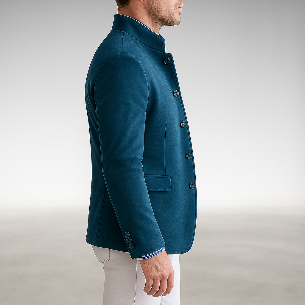 Men's Blazer-Style Cardigan with Stand Collar and Button Closure