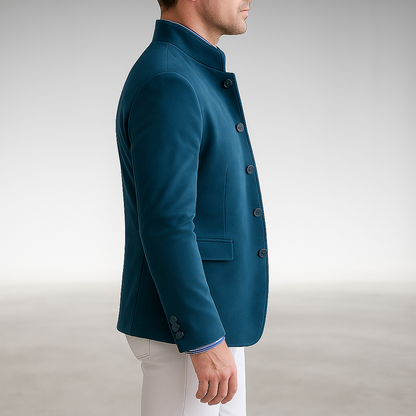 Men's Blazer-Style Cardigan with Stand Collar and Button Closure
