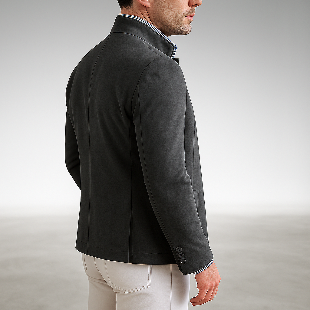 Men's Blazer-Style Cardigan with Stand Collar and Button Closure