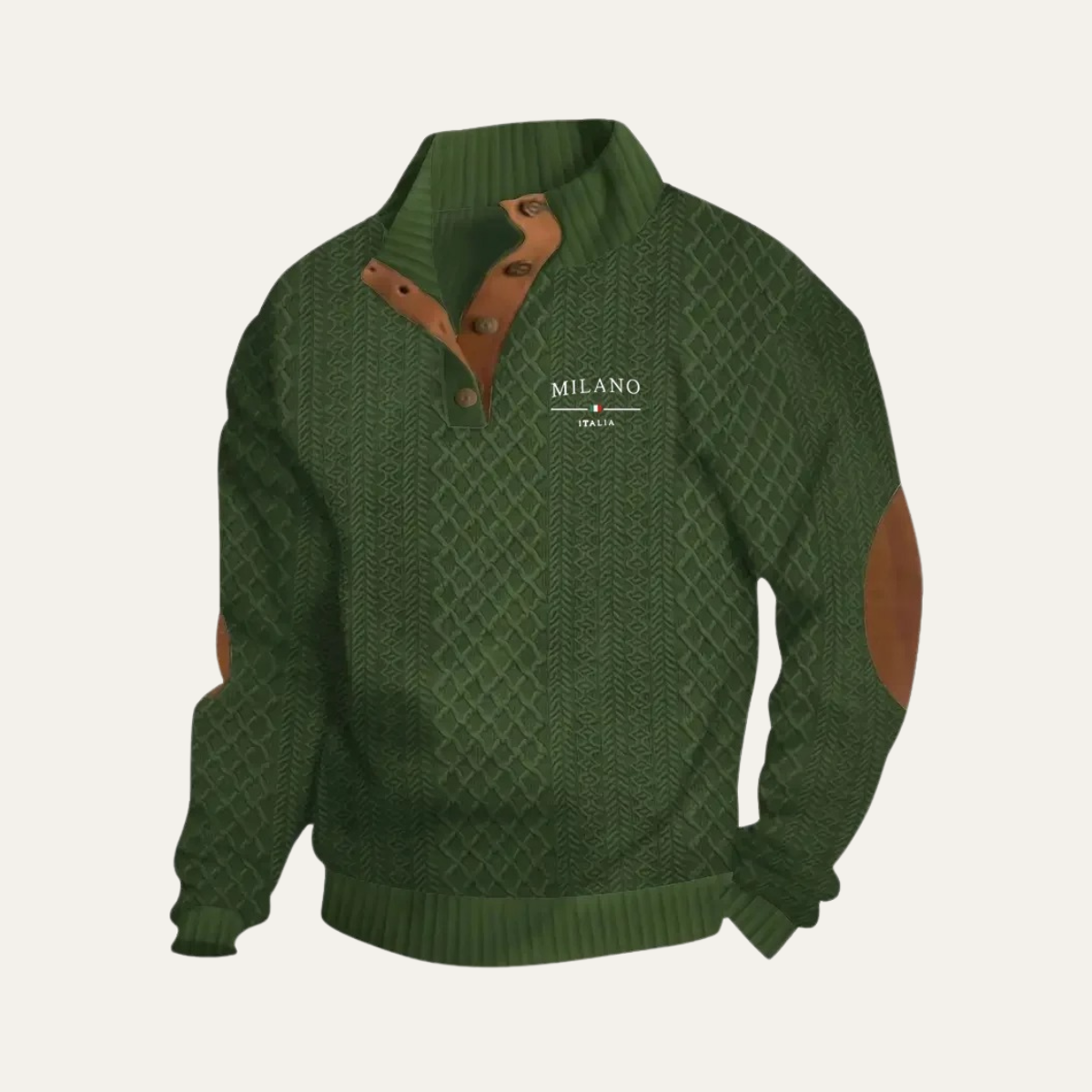 Men's Cable-Knit Quarter-Zip Sweater with Elbow Patches and Stand Collar