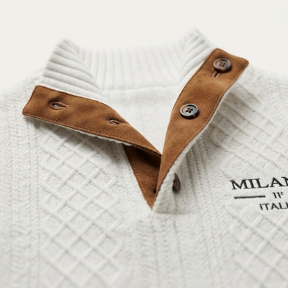 Men's Cable-Knit Quarter-Zip Sweater with Elbow Patches and Stand Collar