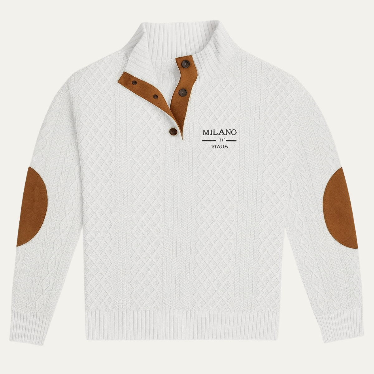 Men's Cable-Knit Quarter-Zip Sweater with Elbow Patches and Stand Collar