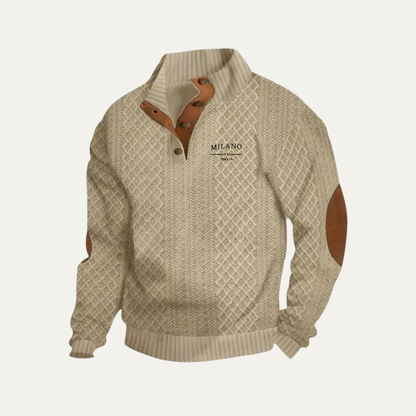 Men's Cable-Knit Quarter-Zip Sweater with Elbow Patches and Stand Collar