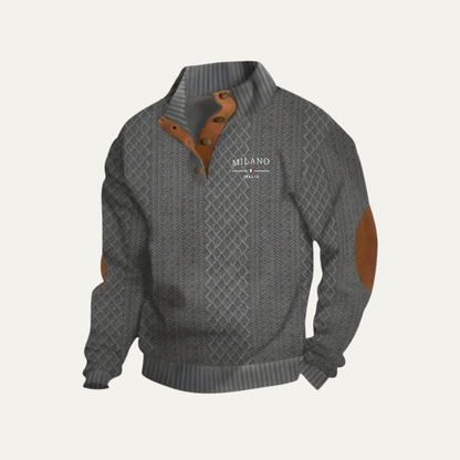 Men's Cable-Knit Quarter-Zip Sweater with Elbow Patches and Stand Collar