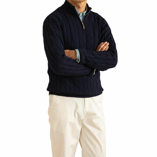 Men's Cable-Knit Sweater with Mock Neck and Half-Zip Closure