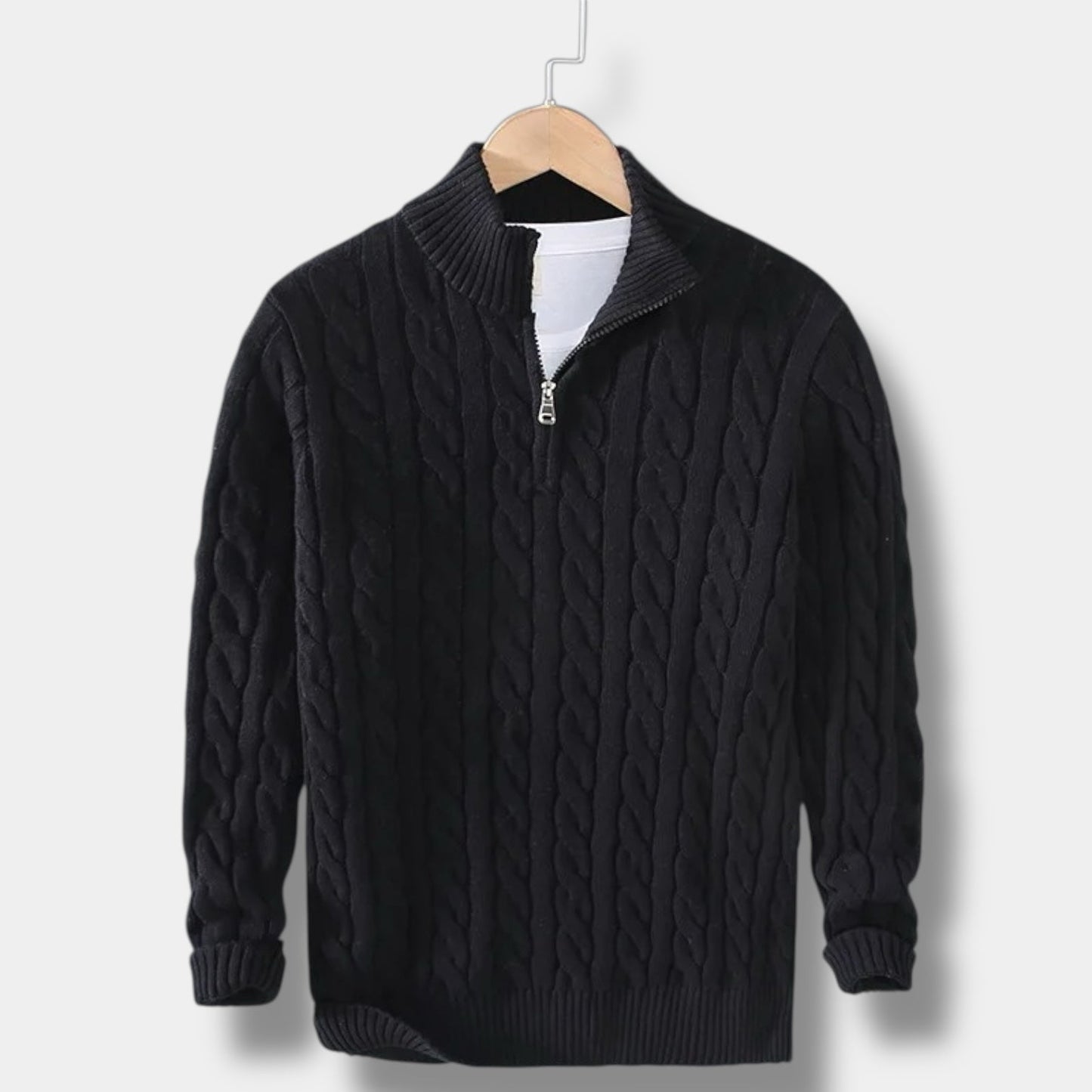 Men's Cable-Knit Sweater with Mock Neck and Half-Zip Closure