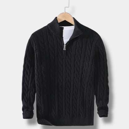 Men's Cable-Knit Sweater with Mock Neck and Half-Zip Closure