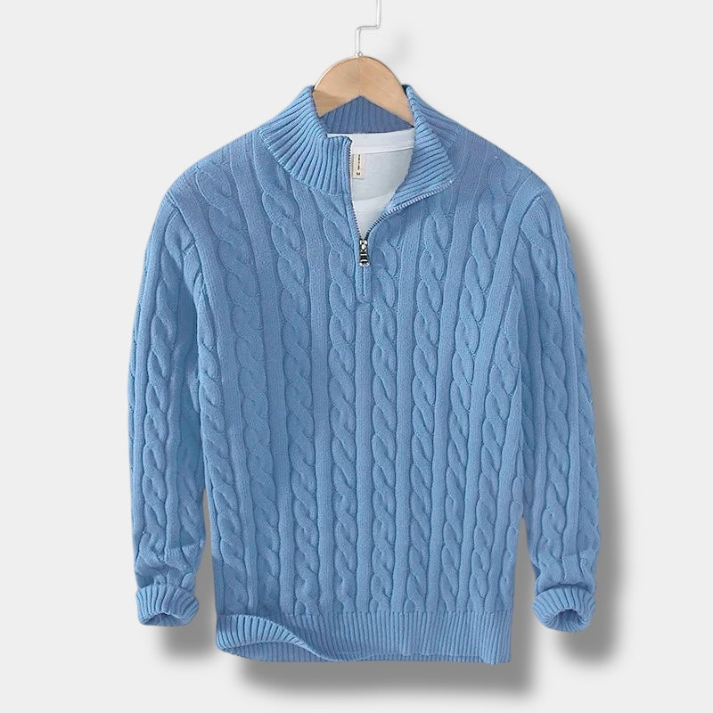 Men's Cable-Knit Sweater with Mock Neck and Half-Zip Closure