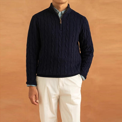 Men's Cable-Knit Sweater with Mock Neck and Half-Zip Closure