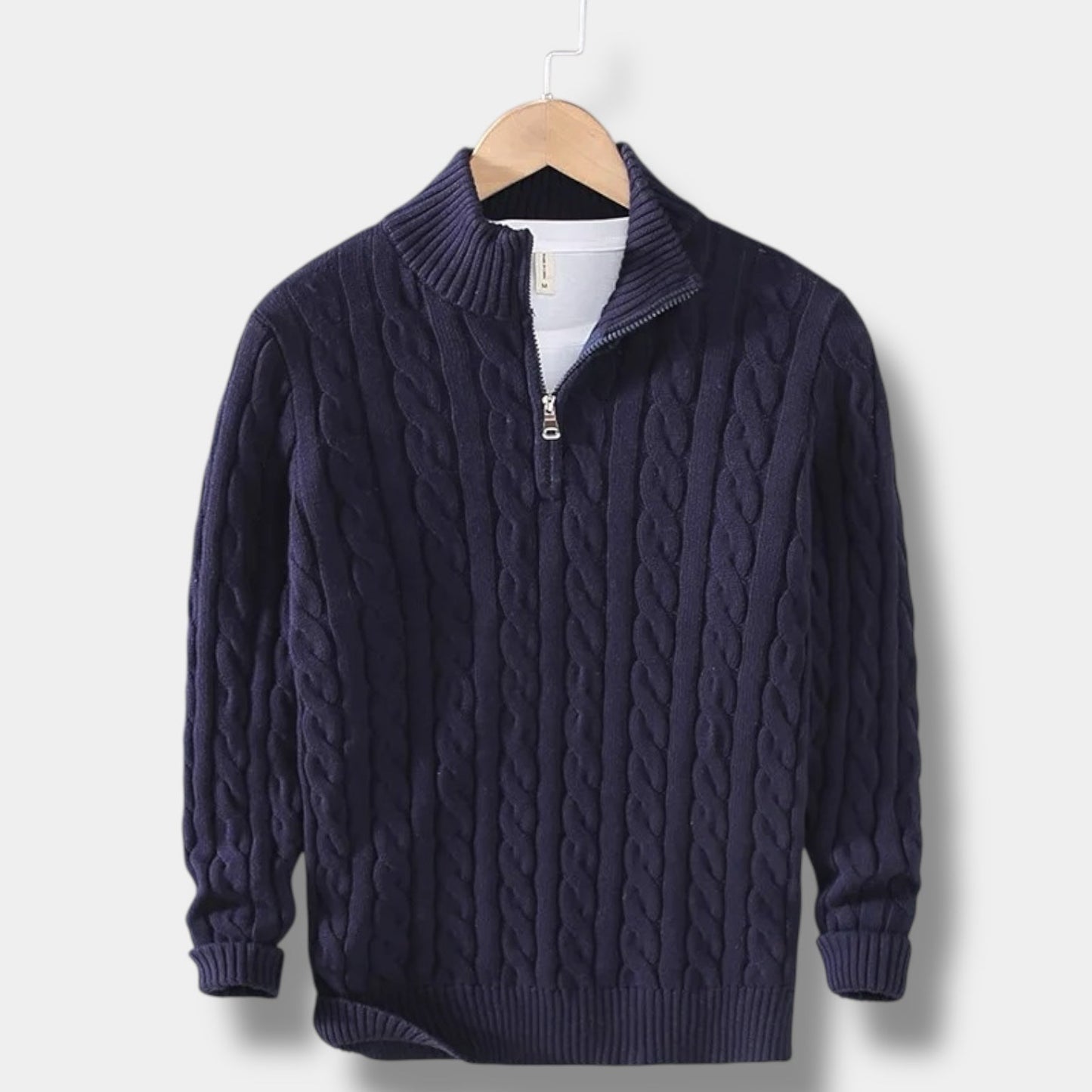 Men's Cable-Knit Sweater with Mock Neck and Half-Zip Closure