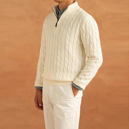 Men's Cable-Knit Sweater with Mock Neck and Half-Zip Closure